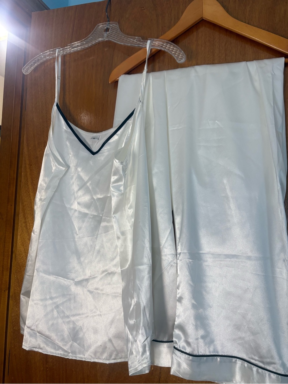 Satin V-Neck Sleep Cami pajama & Pant Set - White with Dark Trim